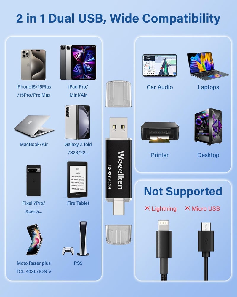 Wooolken USB C Flash Drive 64GB 10 Pack, Type-C Flash Drive + USB 2.0 Thumb Drive OTG Memory Stick Compatible with iPhone 16/15, Android Smartphone/Tablets/Computers - Image 5